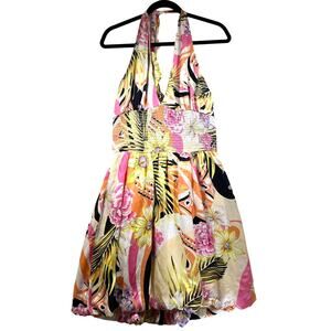 Vintage Cache Silk Floral Bubble Hem Halter Smocked Mini Dress Womens Large / XL